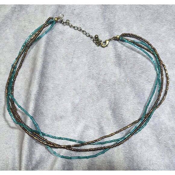 Earthy Blue And Copper Tone Glass Beaded Layered Necklace - Picture 6 of 6
